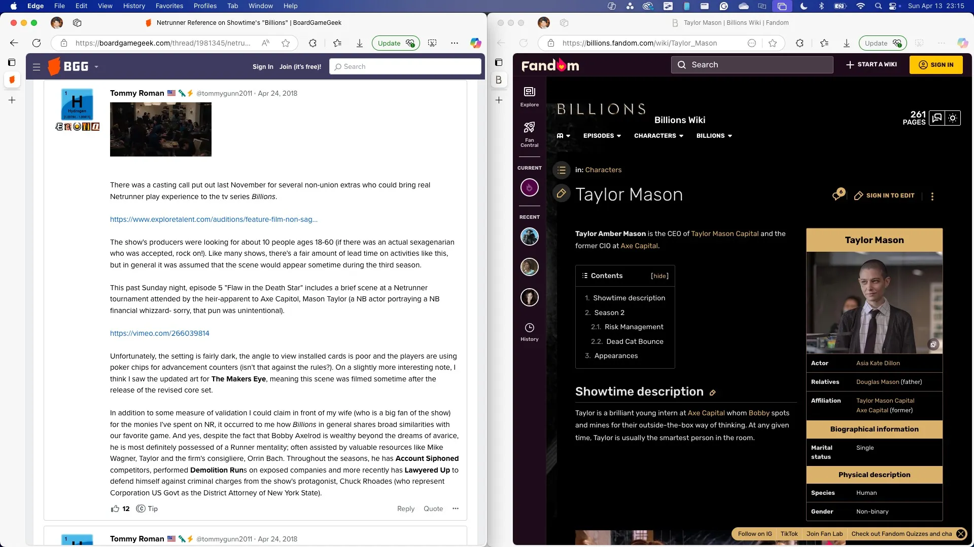 Information on the Netrunners board game and Taylor Mason on Billions