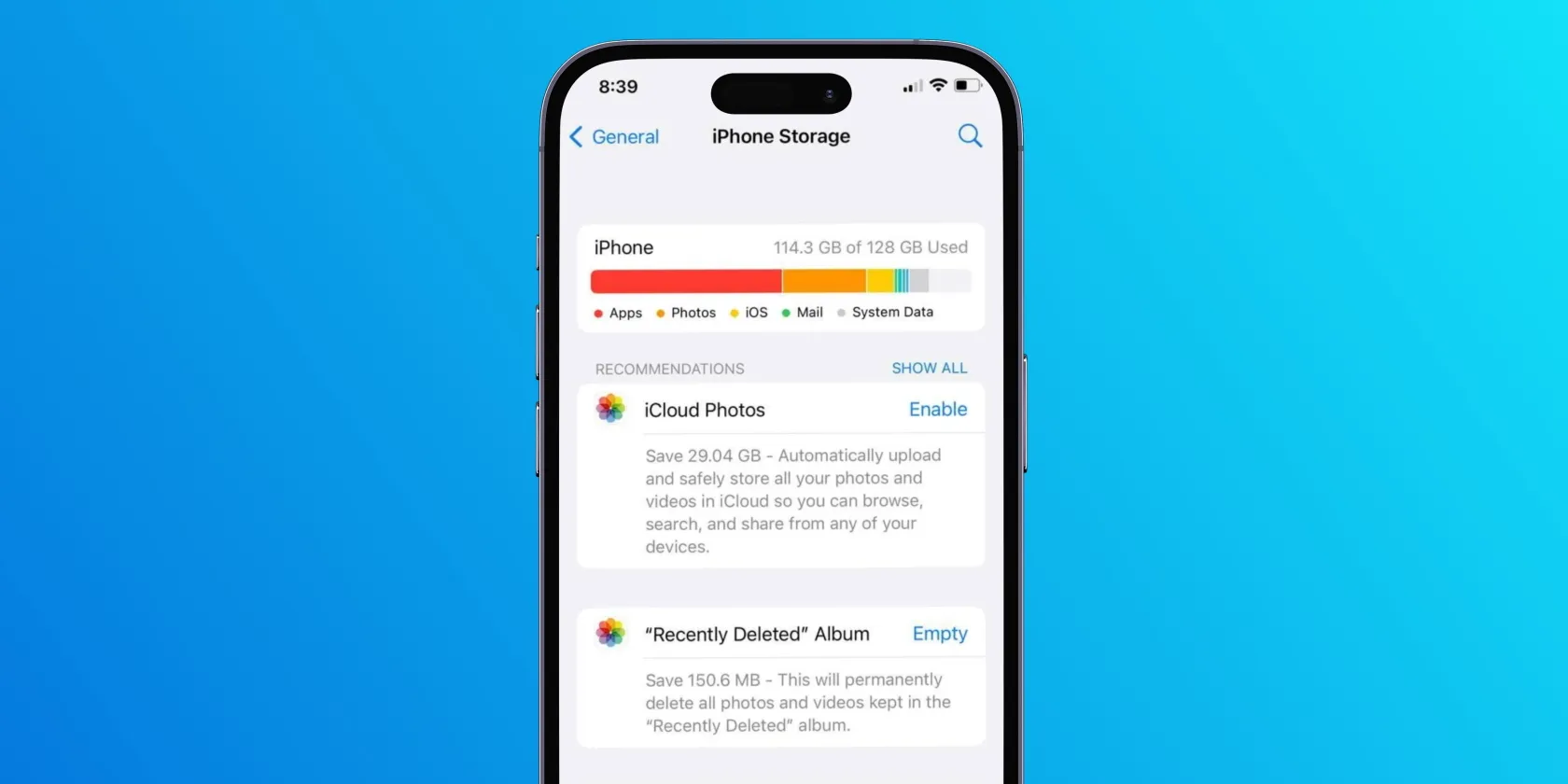 iPhone showing storage settings menu