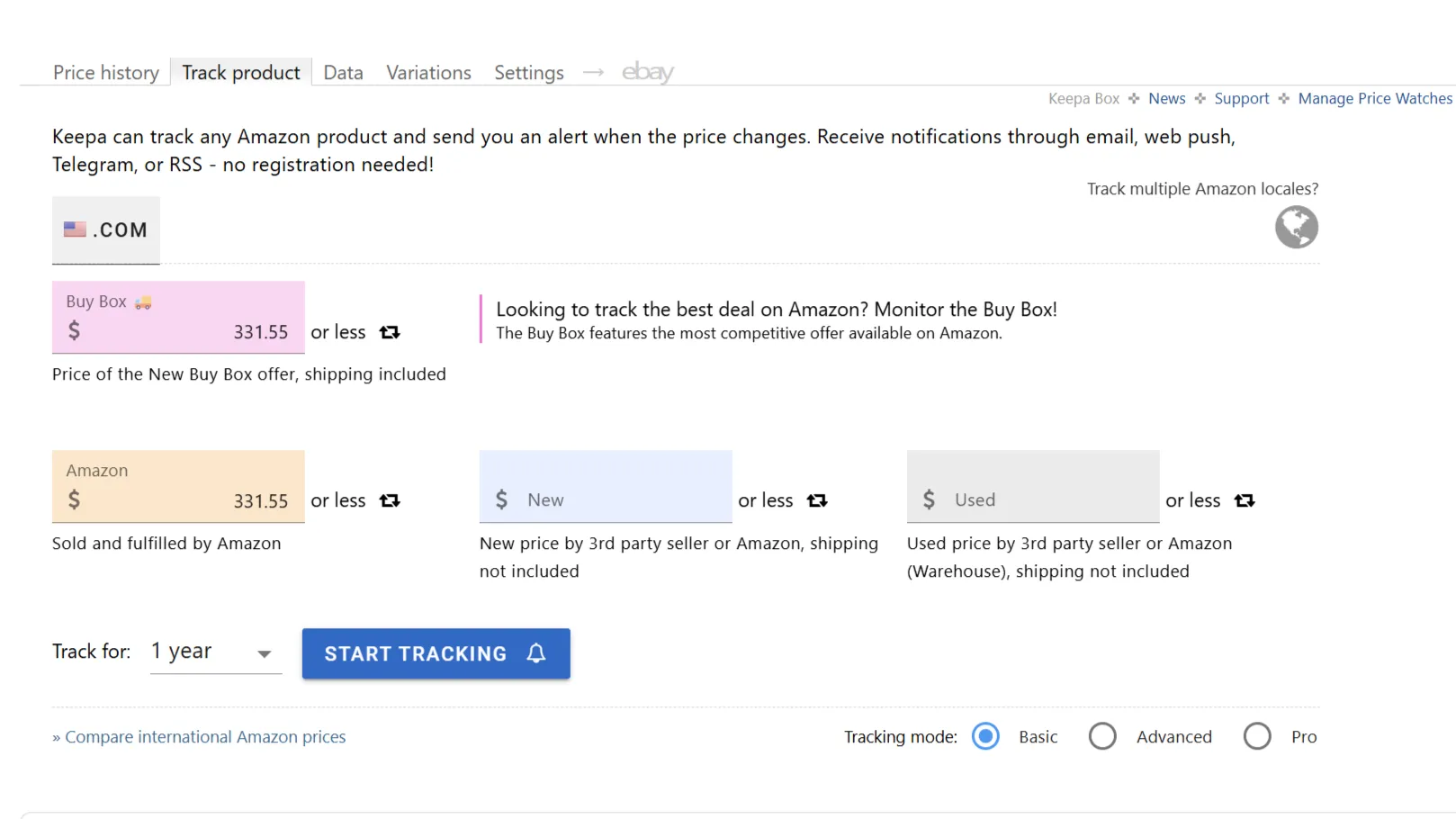 Keepa product tracking tab showing options to track a product for one year