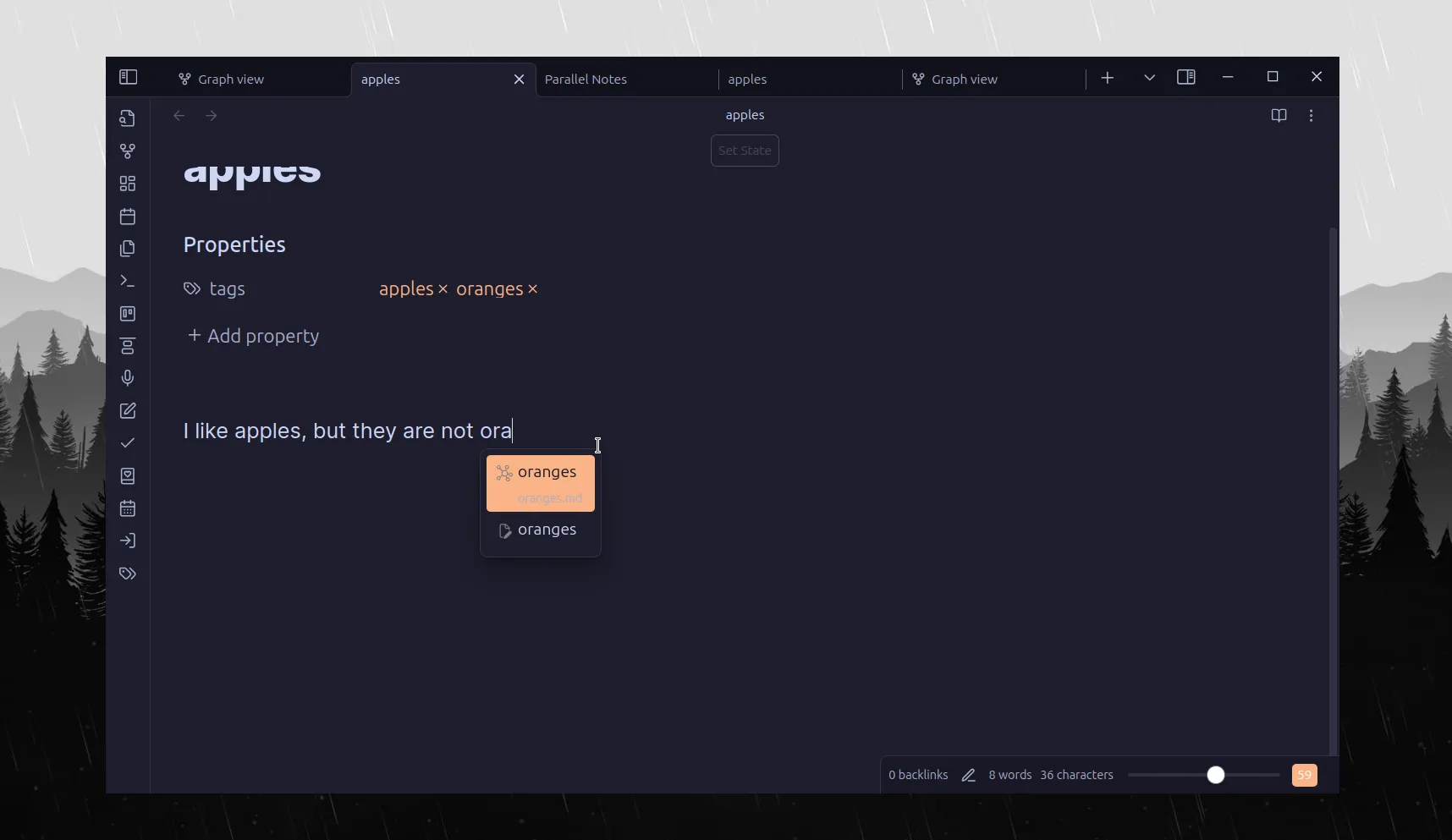 Various Complements plugin showing suggestions for note linking in Obsidian