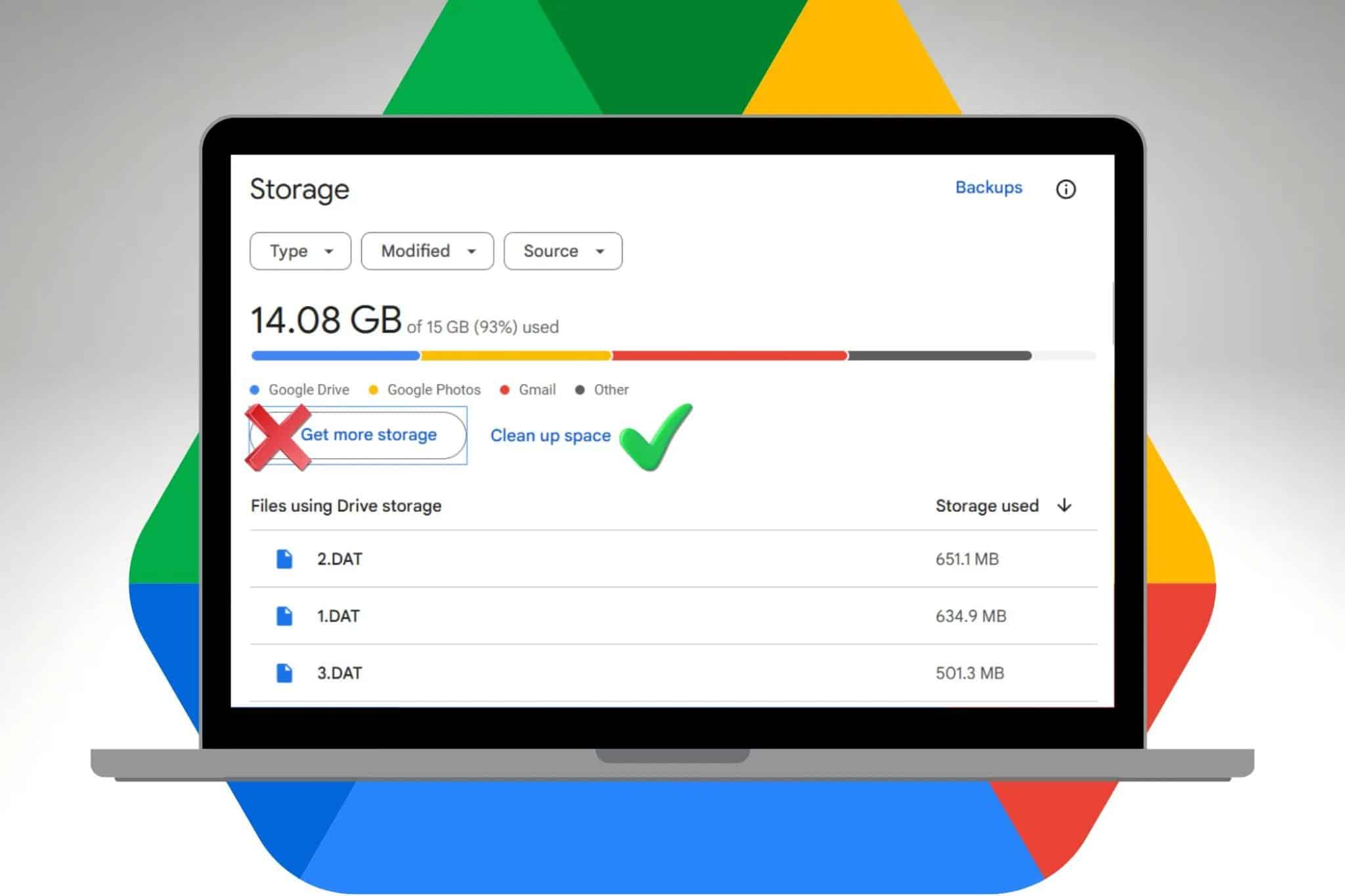 Laptop showing storage status with Google Drive logo in background