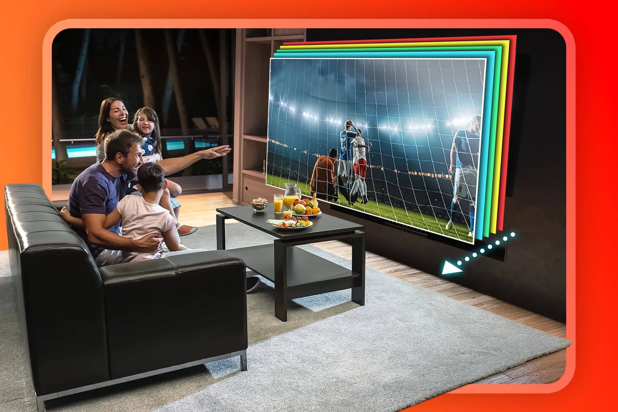 عائلة تشاهد التلفزيون على الأريكة، ويعرض التلفزيون معدل تحديث متغير.