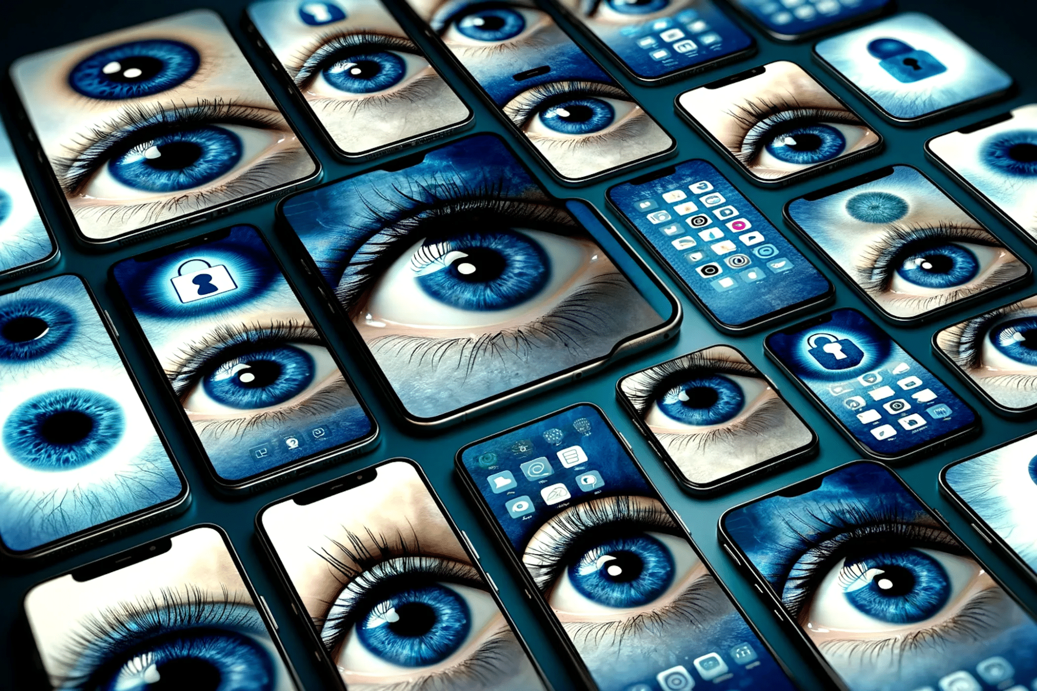 lots of smartphones and tablets with eyes looking at the user