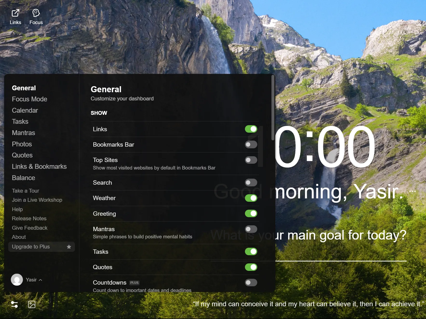 Momentum extension settings in Chrome.