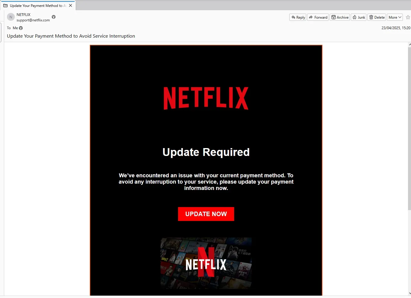 مثال على بريد إلكتروني تصيد لـ Netflix.