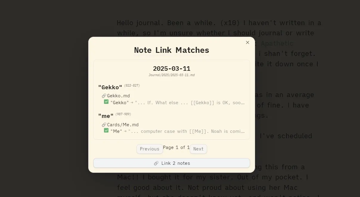 Obsidian Note Linker plugin showing link matches