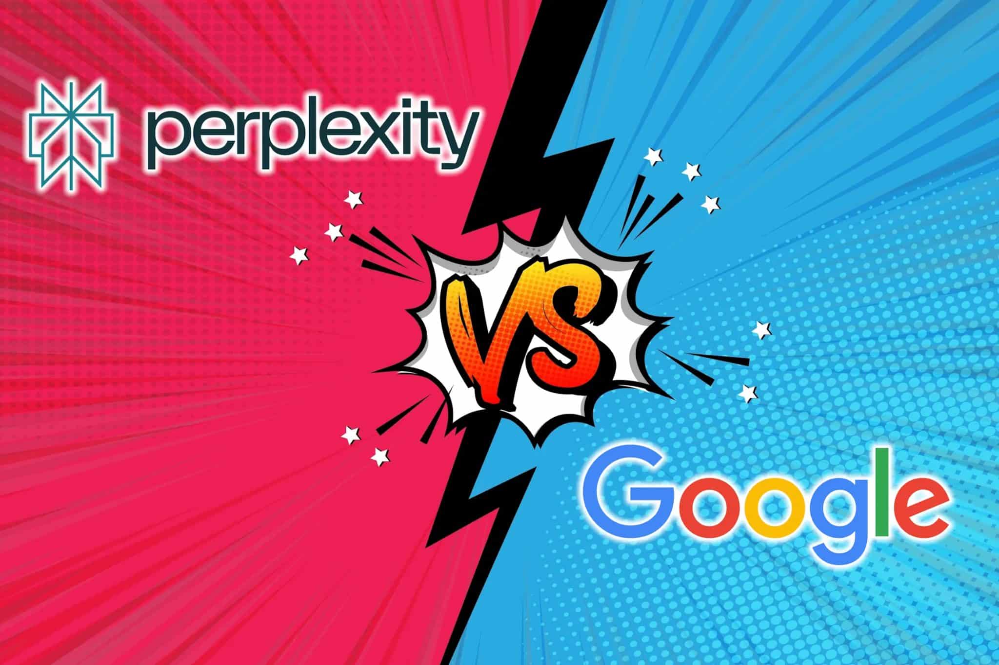 شعارات Perplexity و Google مع رمز مقابل يفصل بين الجانبين