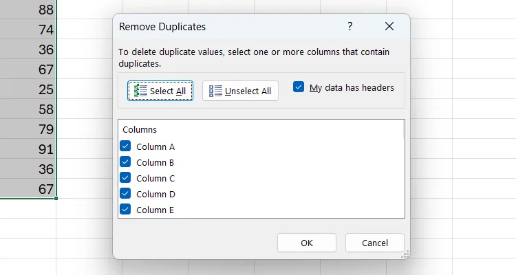 مربع الحوار إزالة التكرارات في Excel.