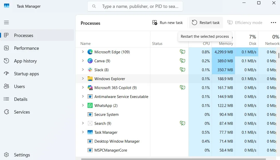 إعادة تشغيل مستكشف Windows في مدير المهام