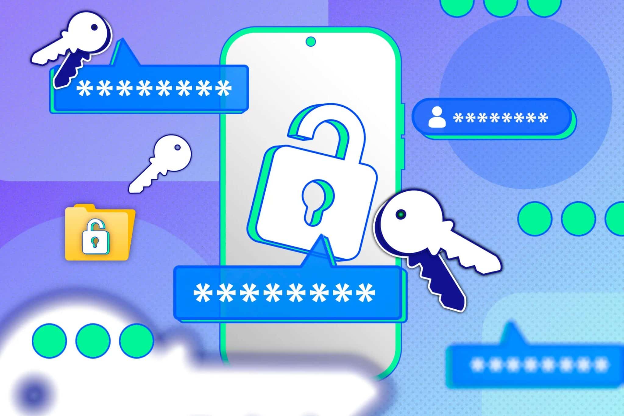 شاشة هاتف تعرض كلمات مرور وأقفال ومفاتيح حولها.