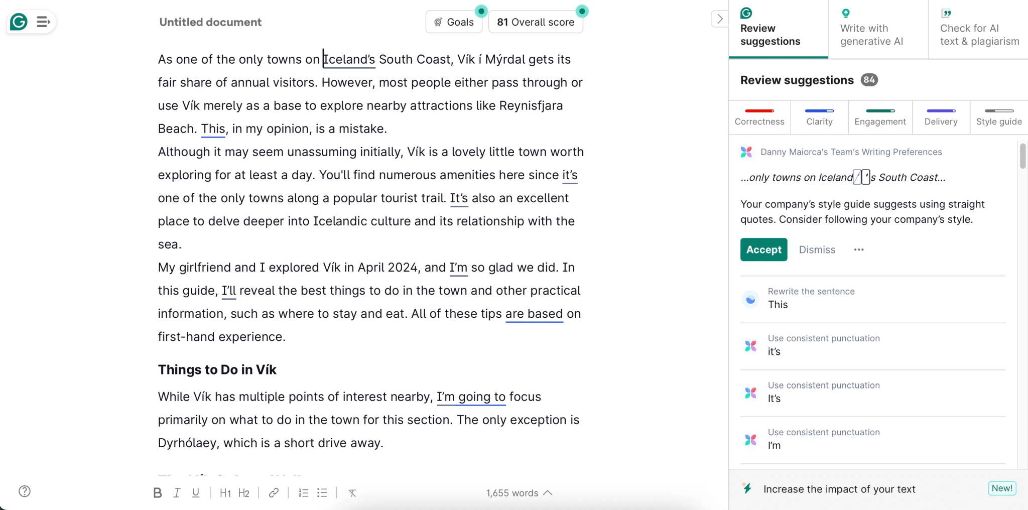 The Grammarly Pro app interface