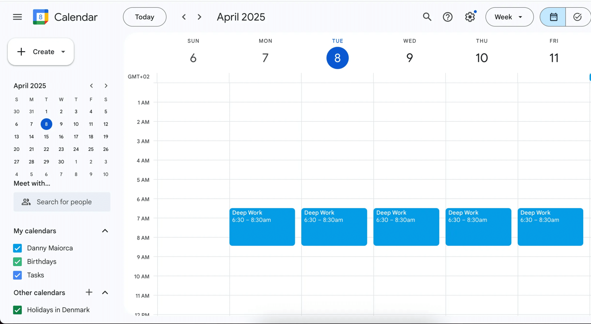 Blocking deep work in a calendar app