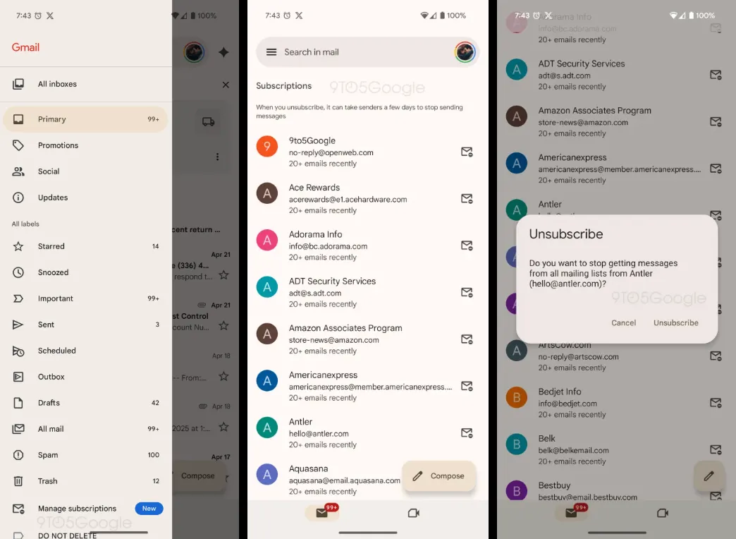 The new manage subscriptions page within Gmail