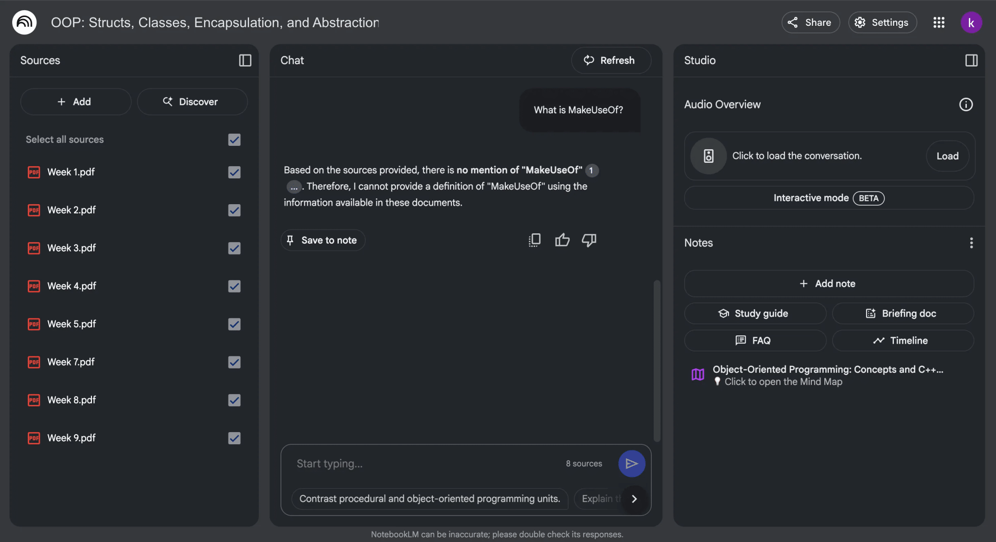 NotebookLM chat panel 
