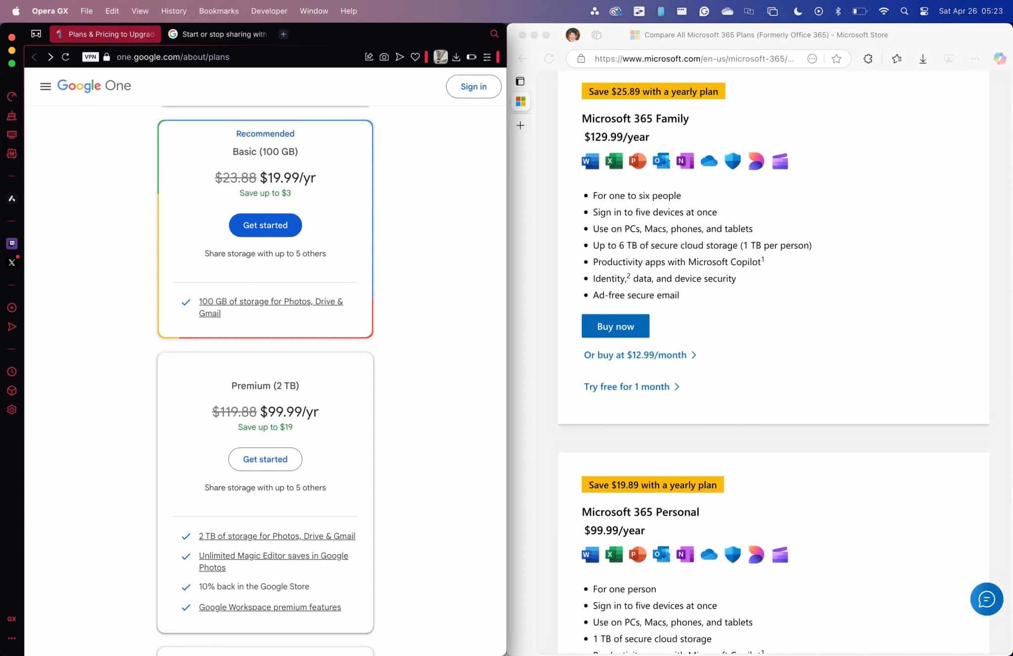 comparison of Google One and Microsoft 365 subscriptions