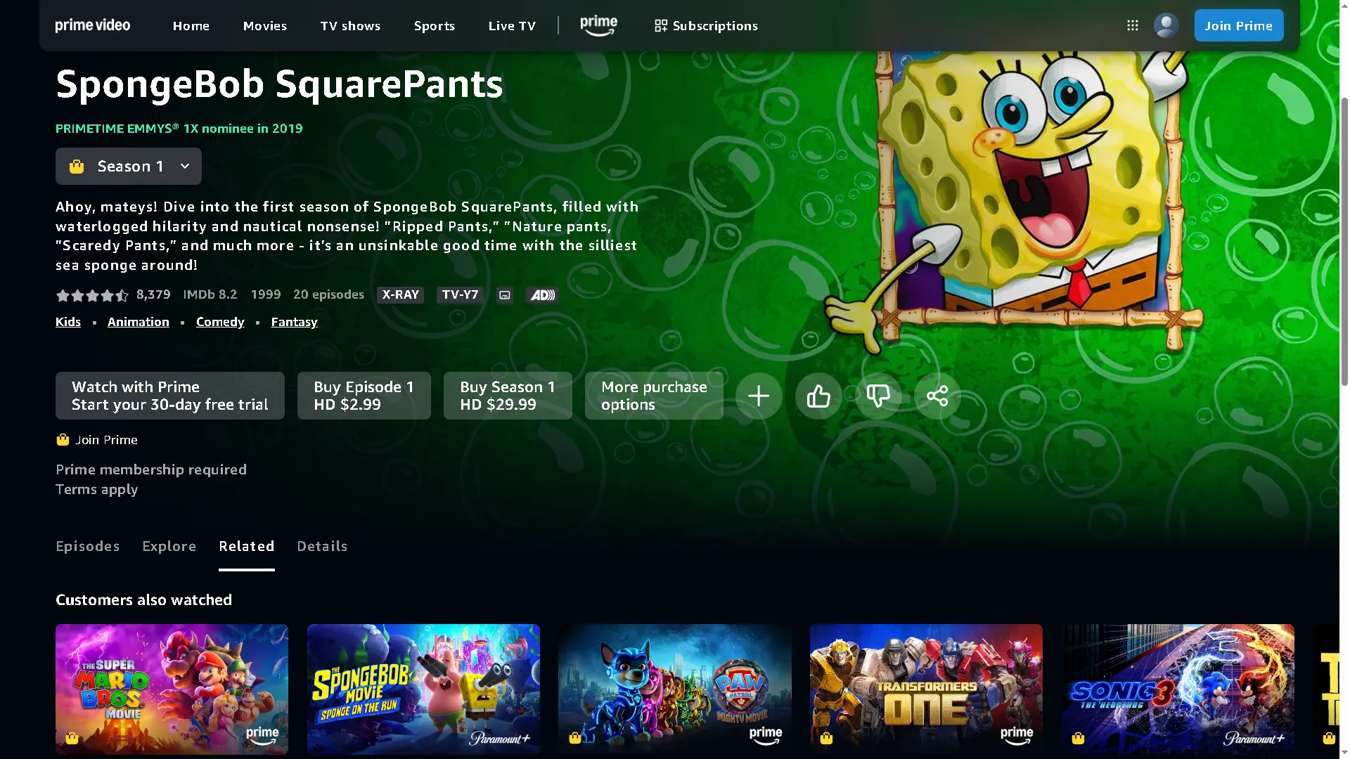 SpongeBob SquarePants on Amazon Prime Video, with a row of kids's shows and movies along the bottom