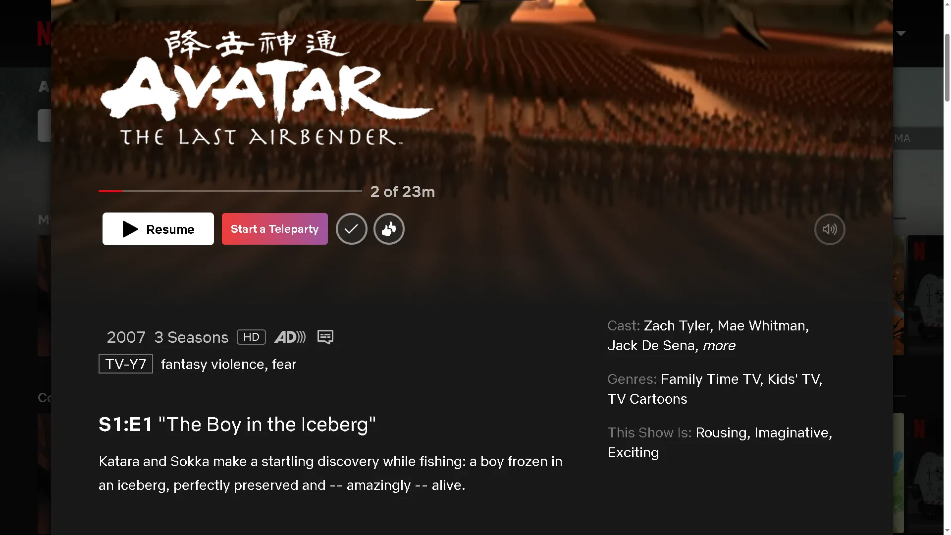 بدء حفلة مشاهدة Teleparty في Netflix، مع Avatar the Last Airbender في الخلفية