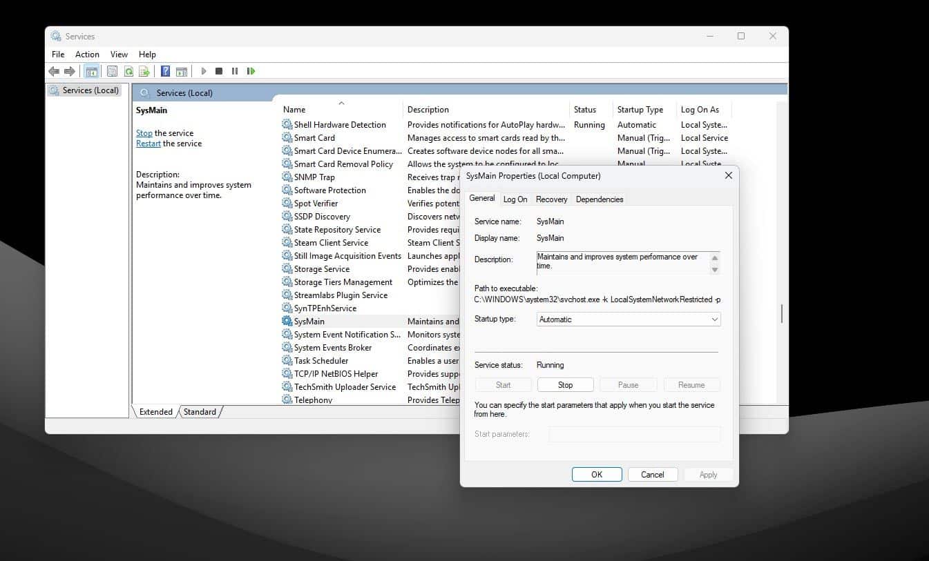 خدمة SysMain مفتوحة في خدمات Windows