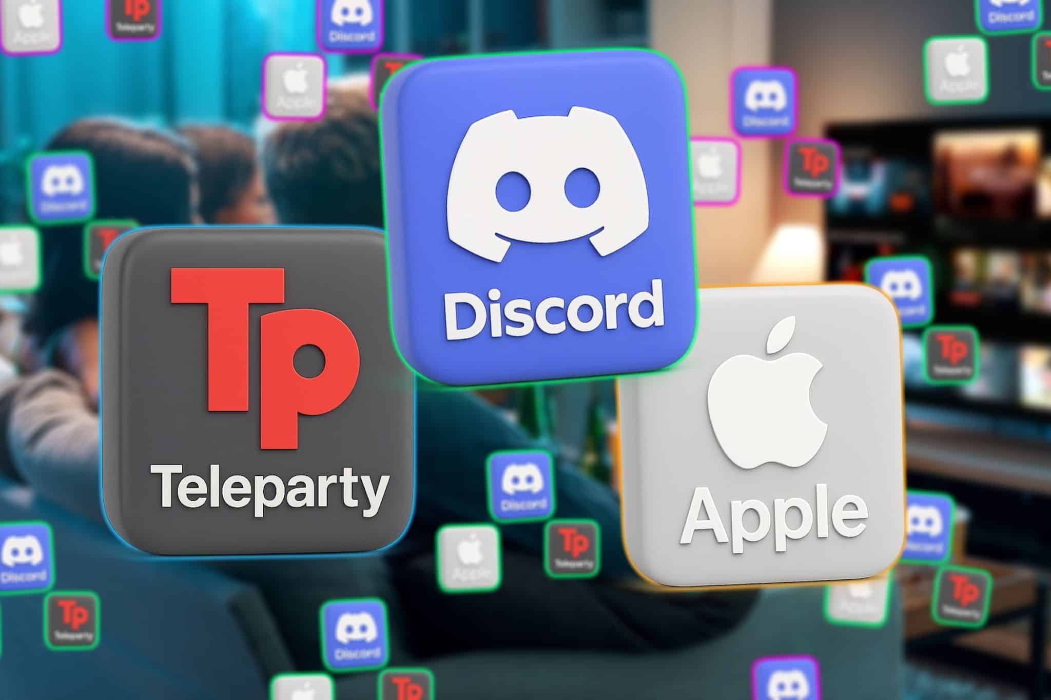 شعار Teleparty Discord Apple مع خلفية عائلية تشاهد فيلمًا.