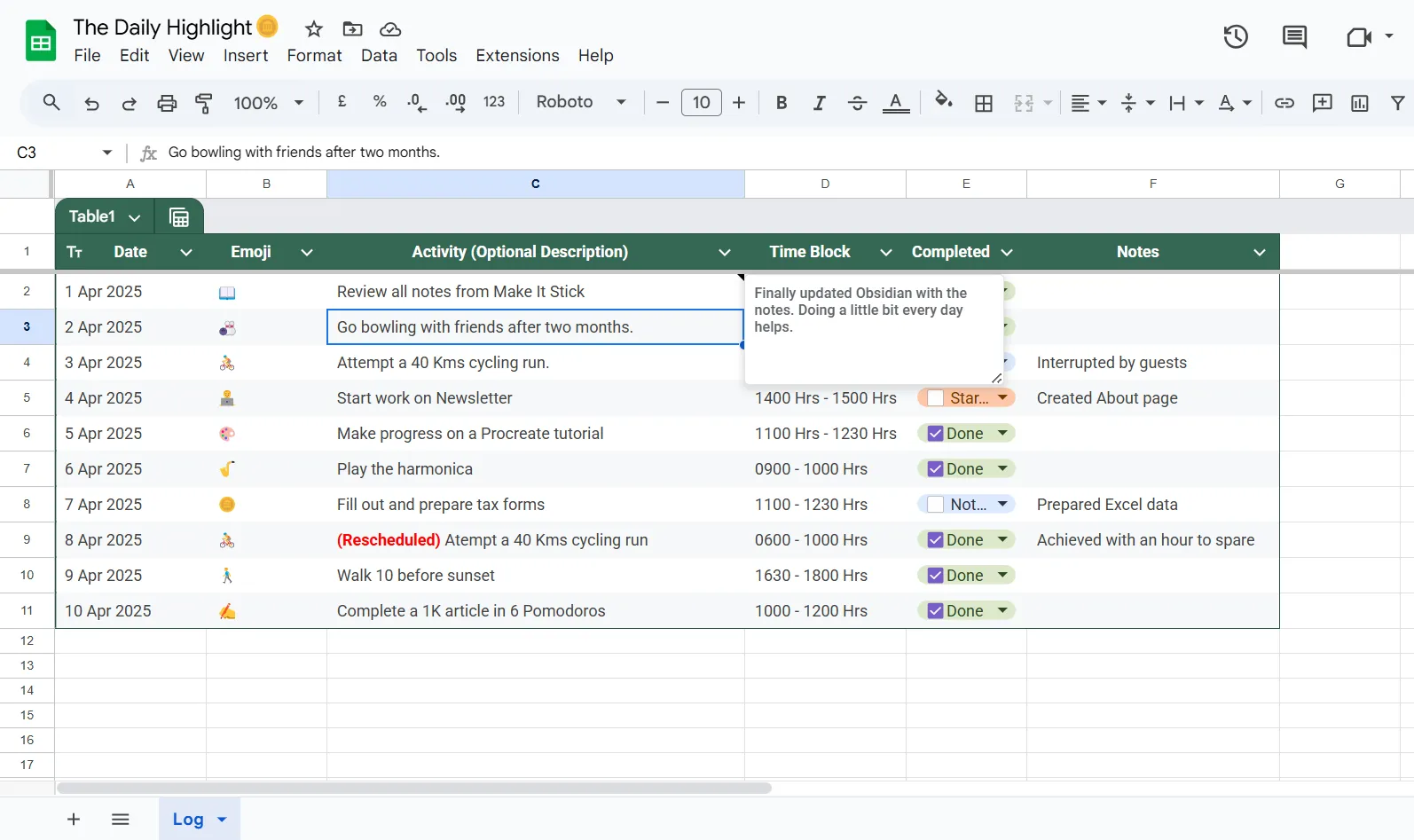My Daily highlight in Google Sheets