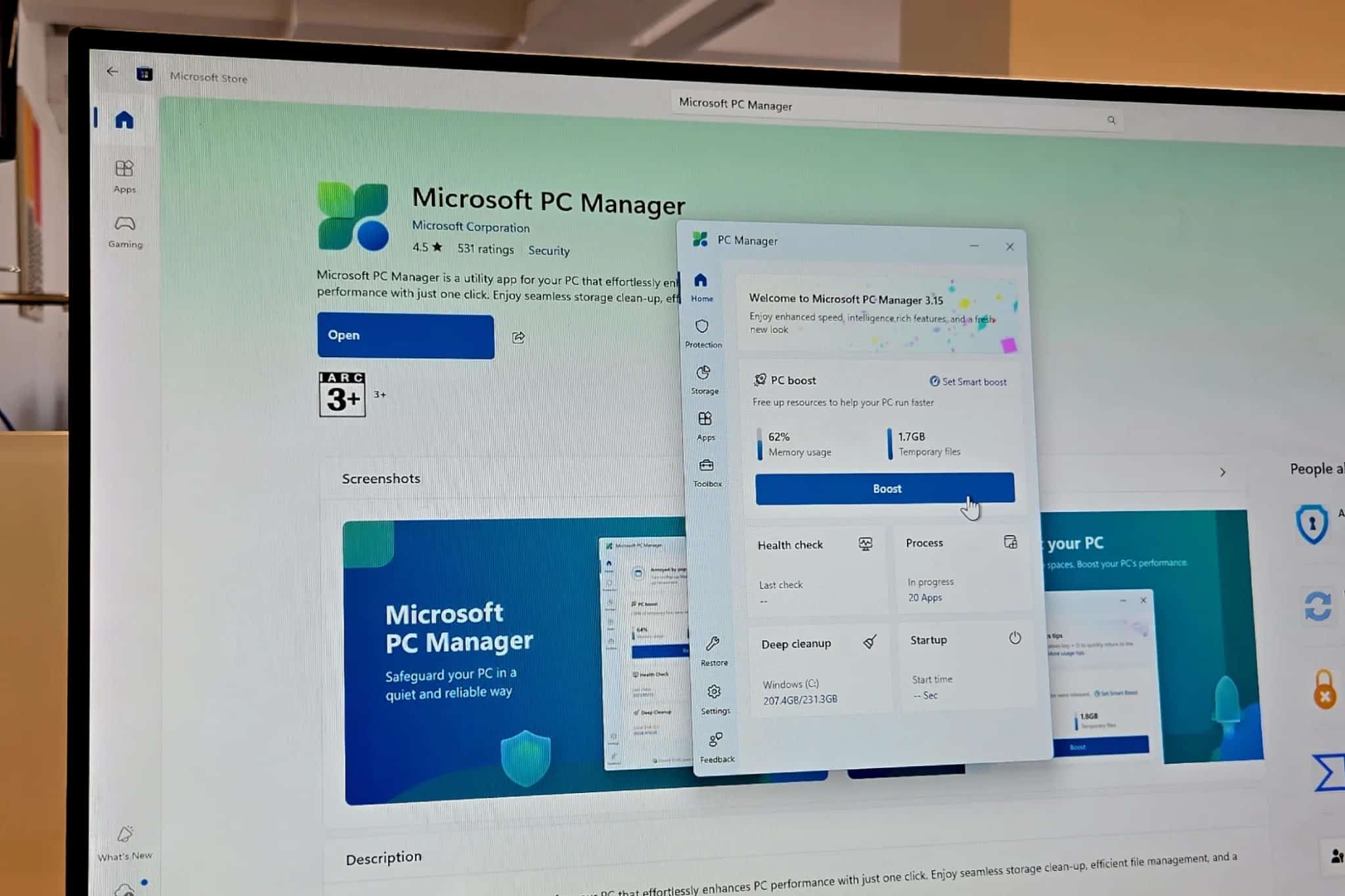 The Microsoft PC Manager App Open on a BENQ Monitor