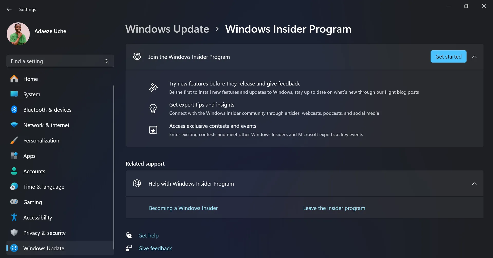 صفحة برنامج Windows Insider معروضة في تطبيق الإعدادات على جهاز كمبيوتر يعمل بنظام التشغيل Windows 11