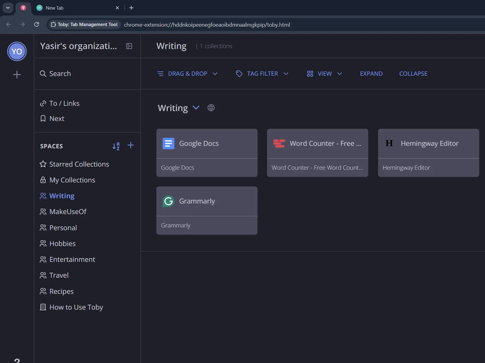 Toby tab management dashboard showing tabs in writing collection.