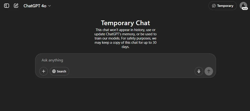 استخدام دردشة مؤقتة في ChatGPT
