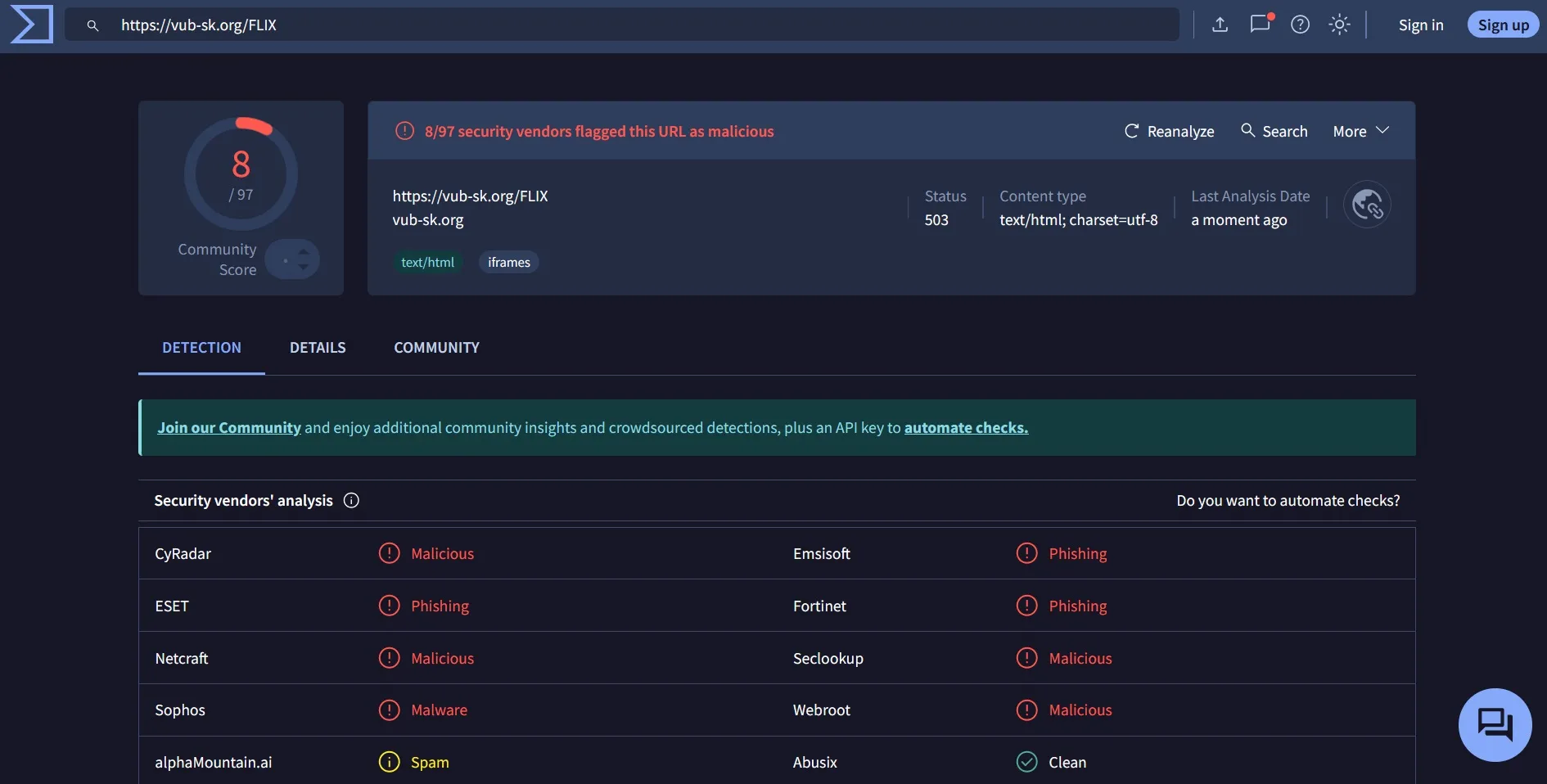 virustotal malicious scan netflix phishing site.