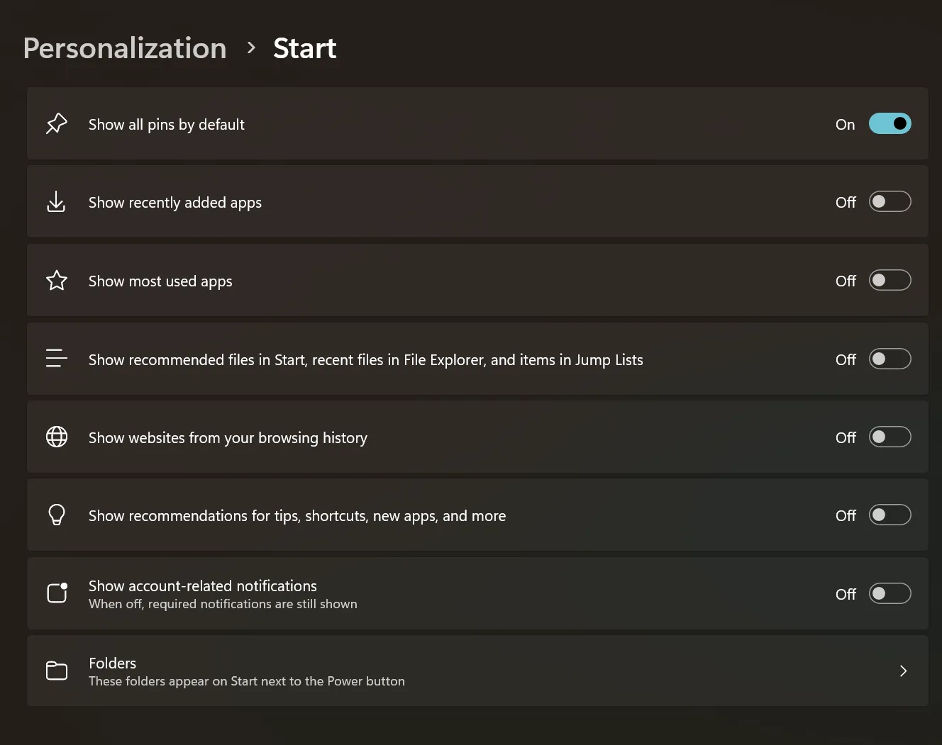 تغييرات قائمة ابدأ في Windows 11 Insider