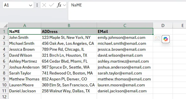 رؤوس بتنسيق حالة أحرف غير متسق في برنامج Excel.