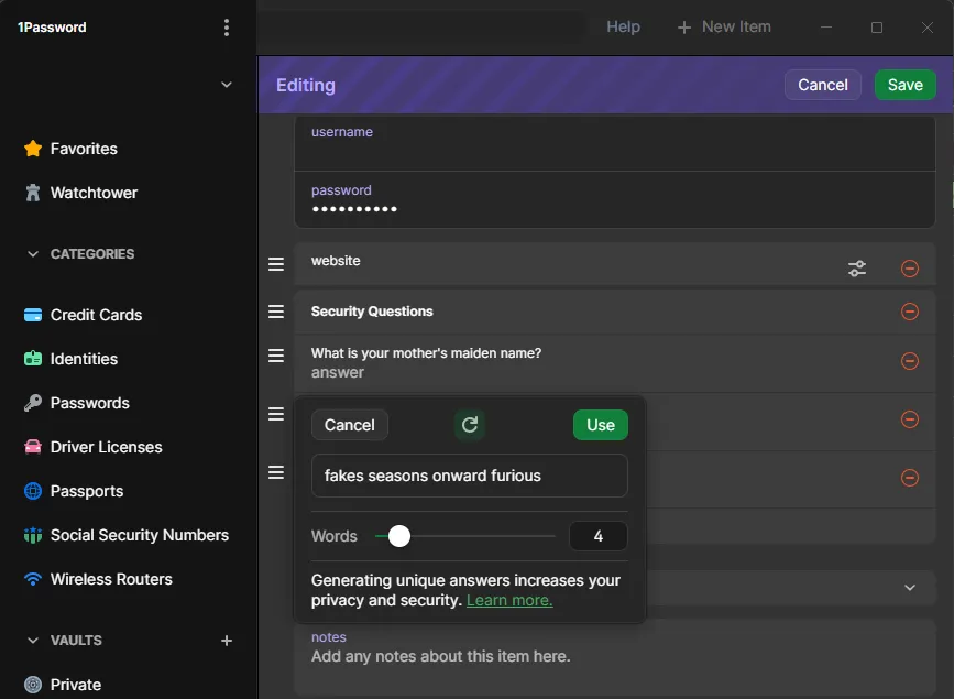 1Password Security Question Generator