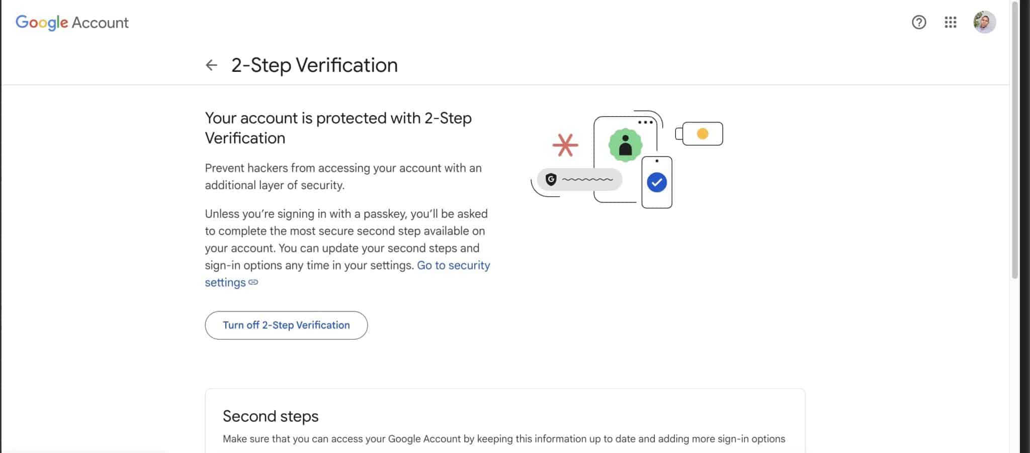 2 Step Verification page on Google account settings