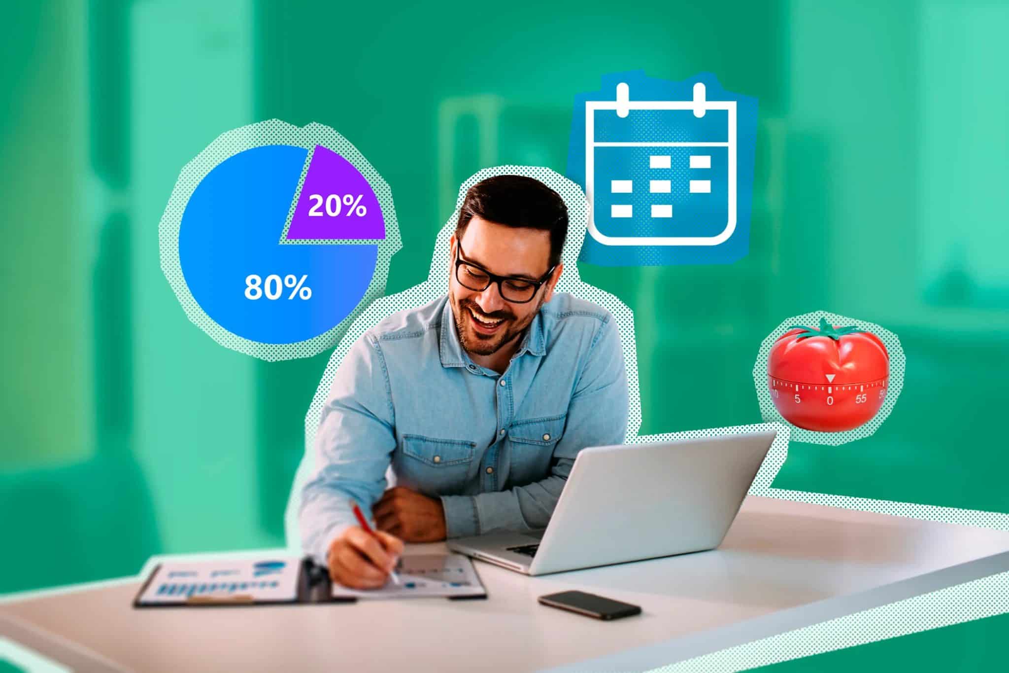 رجل يعمل على جهاز الكمبيوتر المحمول الخاص به مع مؤقت بومودورو وتقويم ومخطط من حوله.