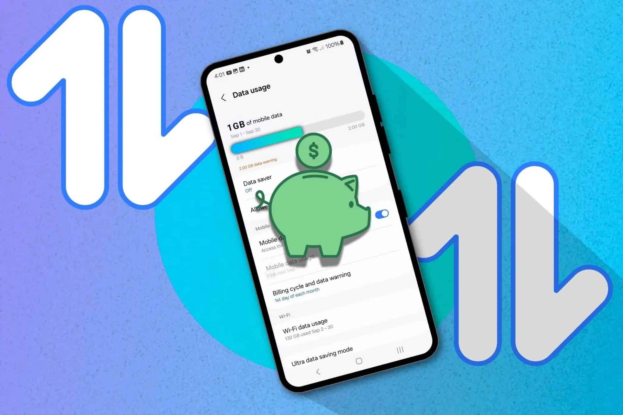 هاتف على شاشة استخدام بيانات الهاتف المحمول مع وجود رمزي بيانات الهاتف المحمول على الجانبين ورمز التوفير في المنتصف