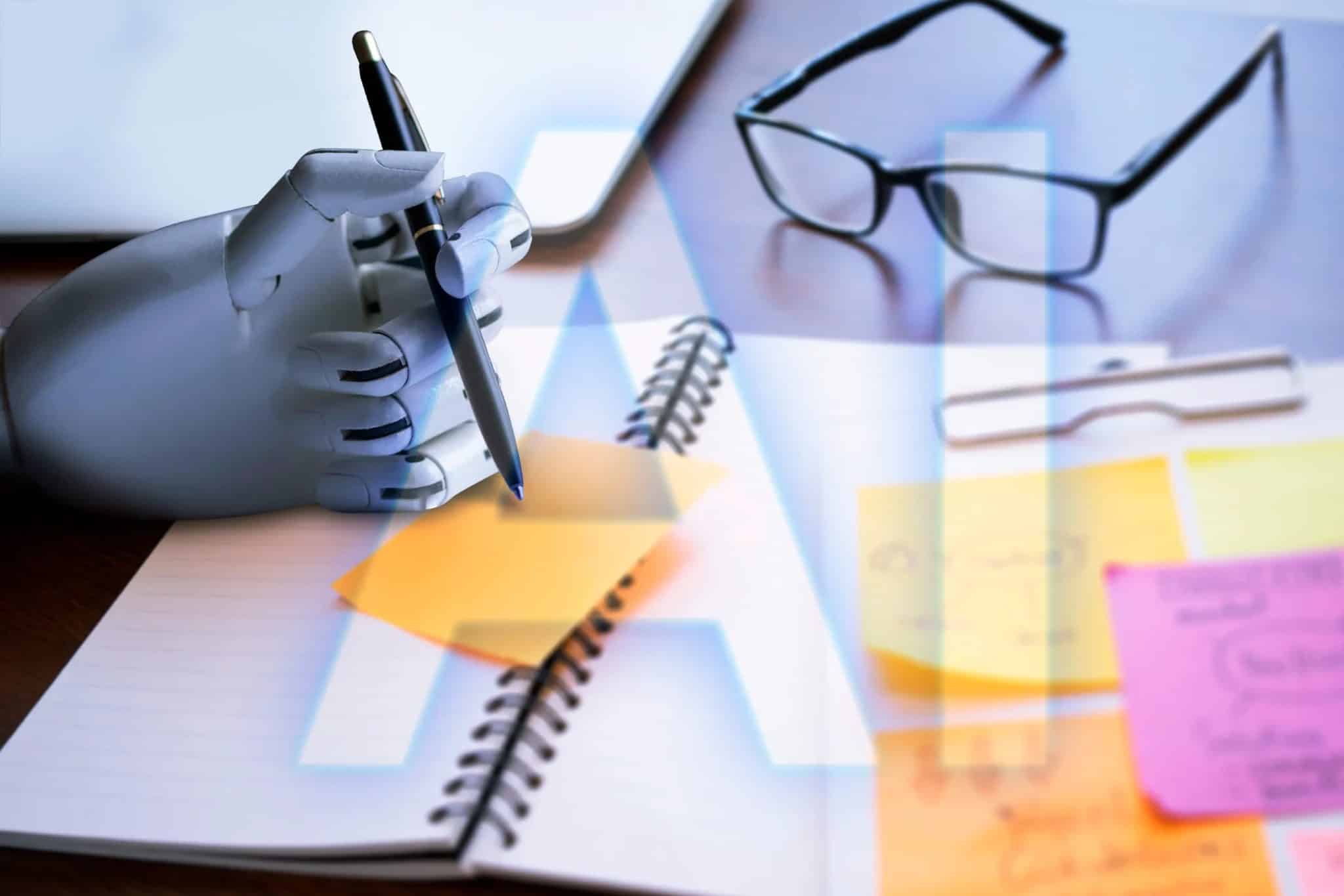 دفتر ملاحظات للدراسة مع بعض البطاقات التعليمية فوقه ويد روبوت تحمل قلمًا.