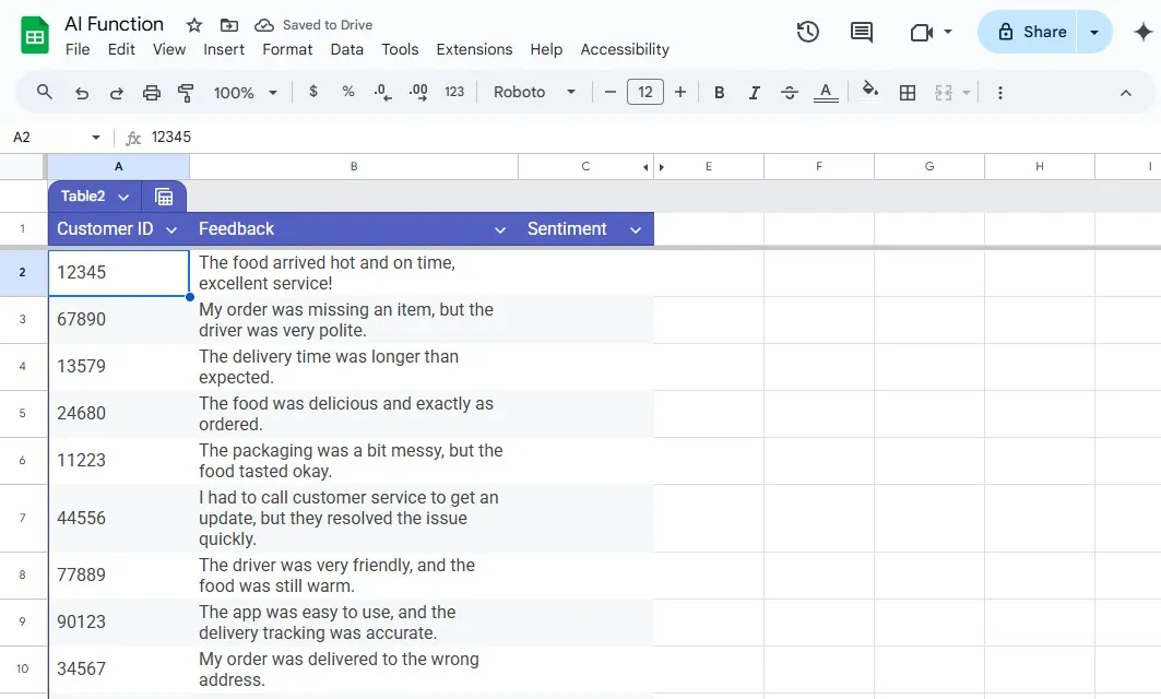 جدول لتعليقات العملاء في جداول بيانات جوجل