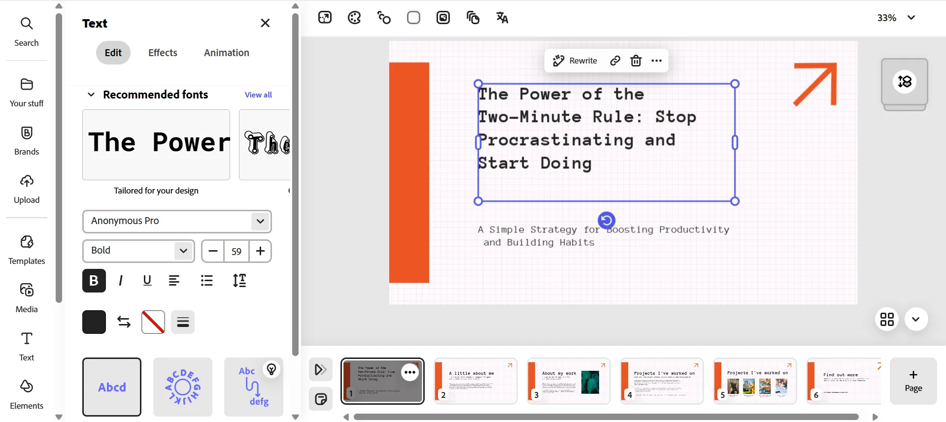 Start entering yoour content in Adobe Express