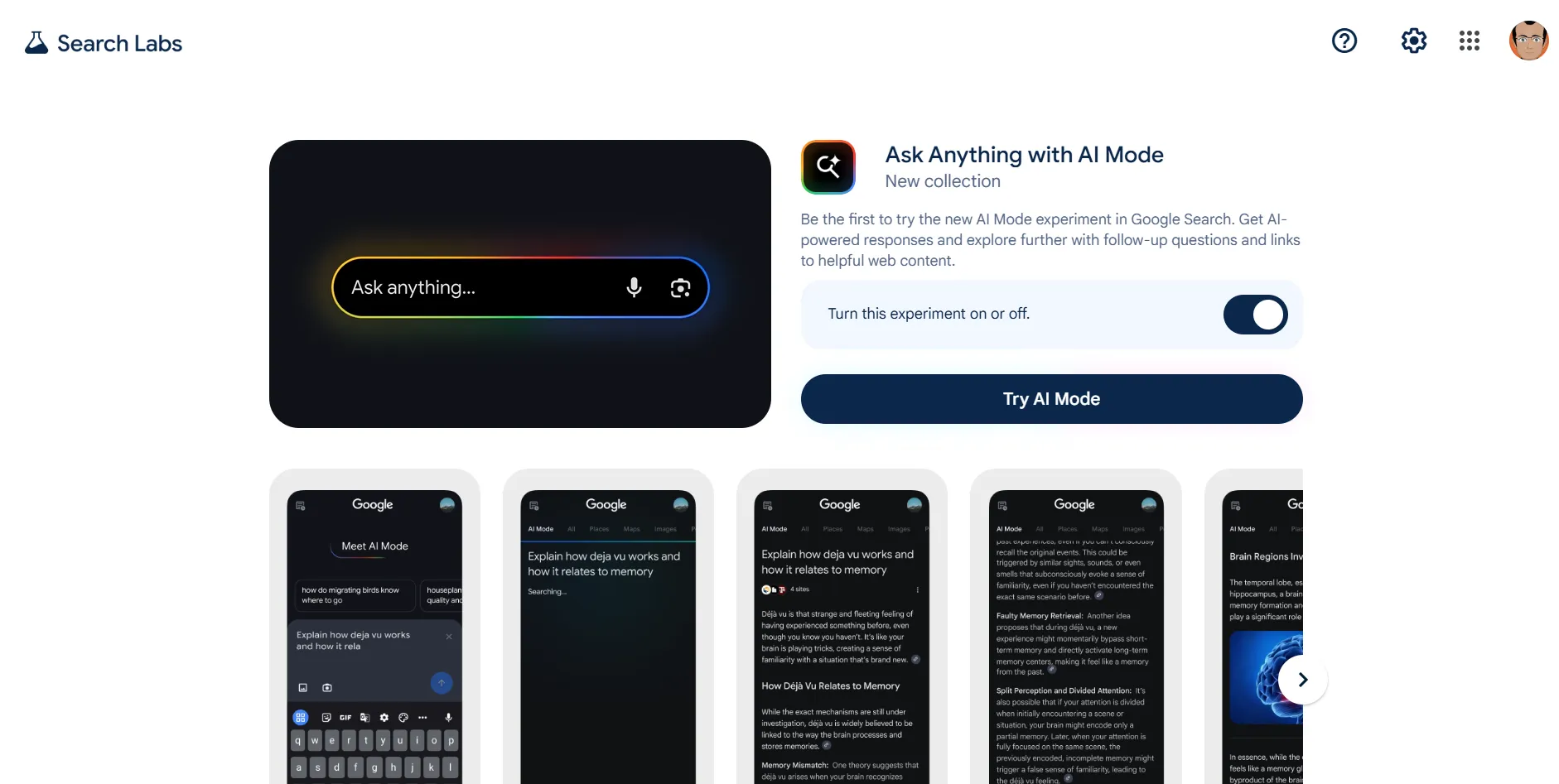 AI Mode Experiment On-Off toggle