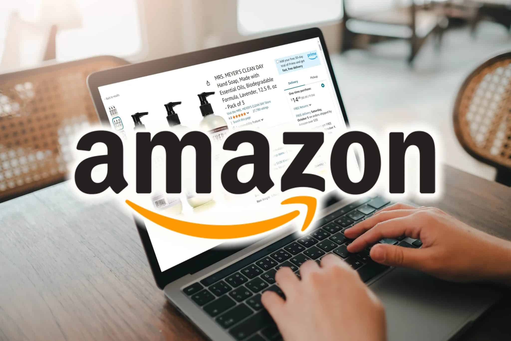 amazon logo with amazon subscribe and save page on laptop background