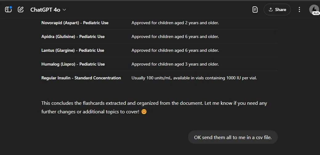 Asking ChatGPT to send flashcards as a CSV