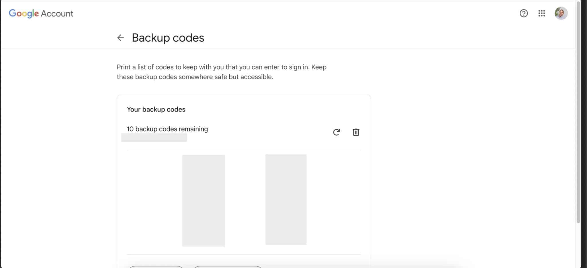 backup codes page on Google account