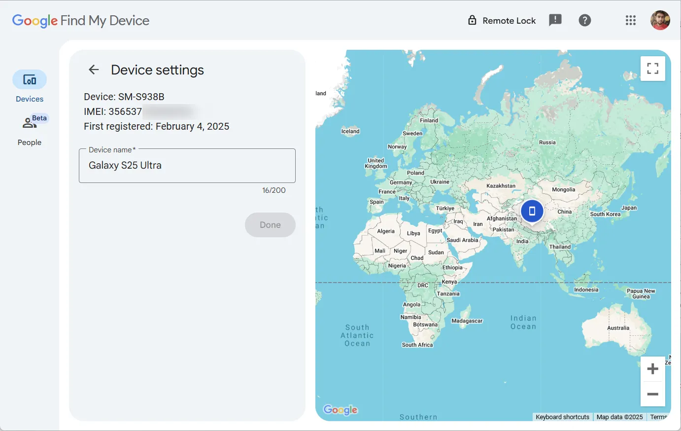 Checking Samsung IMEI on Google Find My Device
