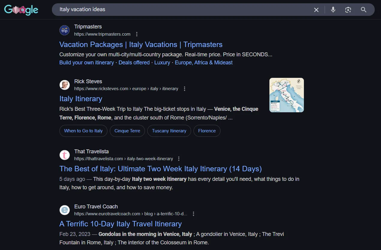 A screenshot of generic Google results given after typing in a prompt