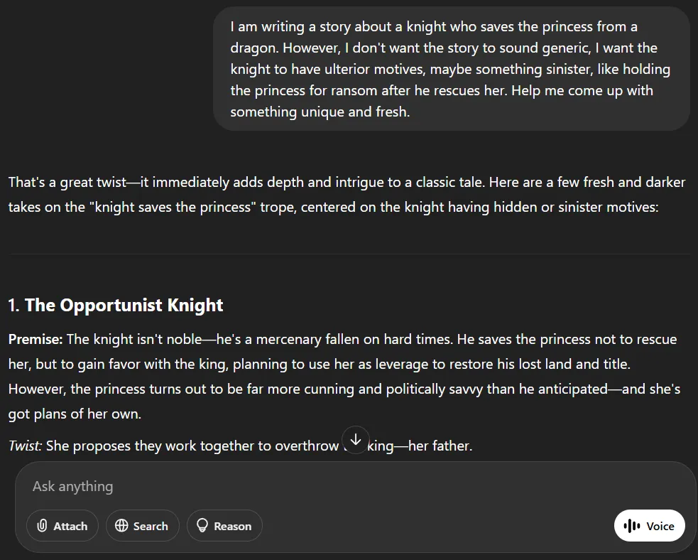 A screenshot of using AI collaboratively to create a story