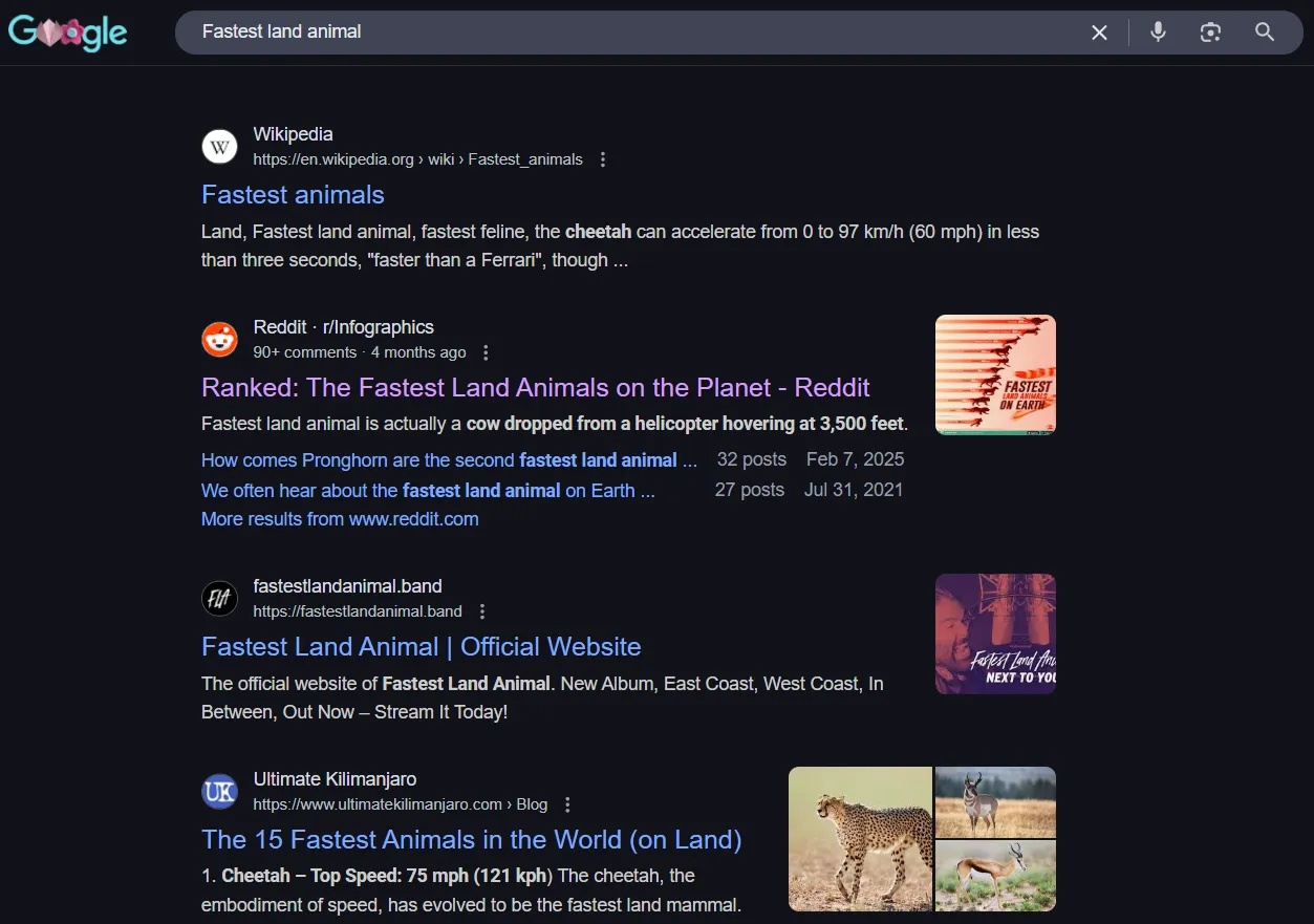 لقطة شاشة لنتائج Google عامة مقدمة بعد كتابة مطالبة
