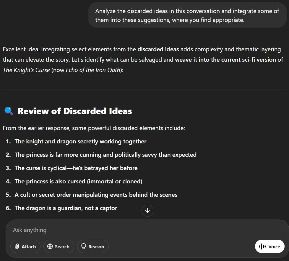 لقطة شاشة توضح استخدام الأفكار المهملة للمساعدة في توليد أفكار جديدة لقصة فريدة