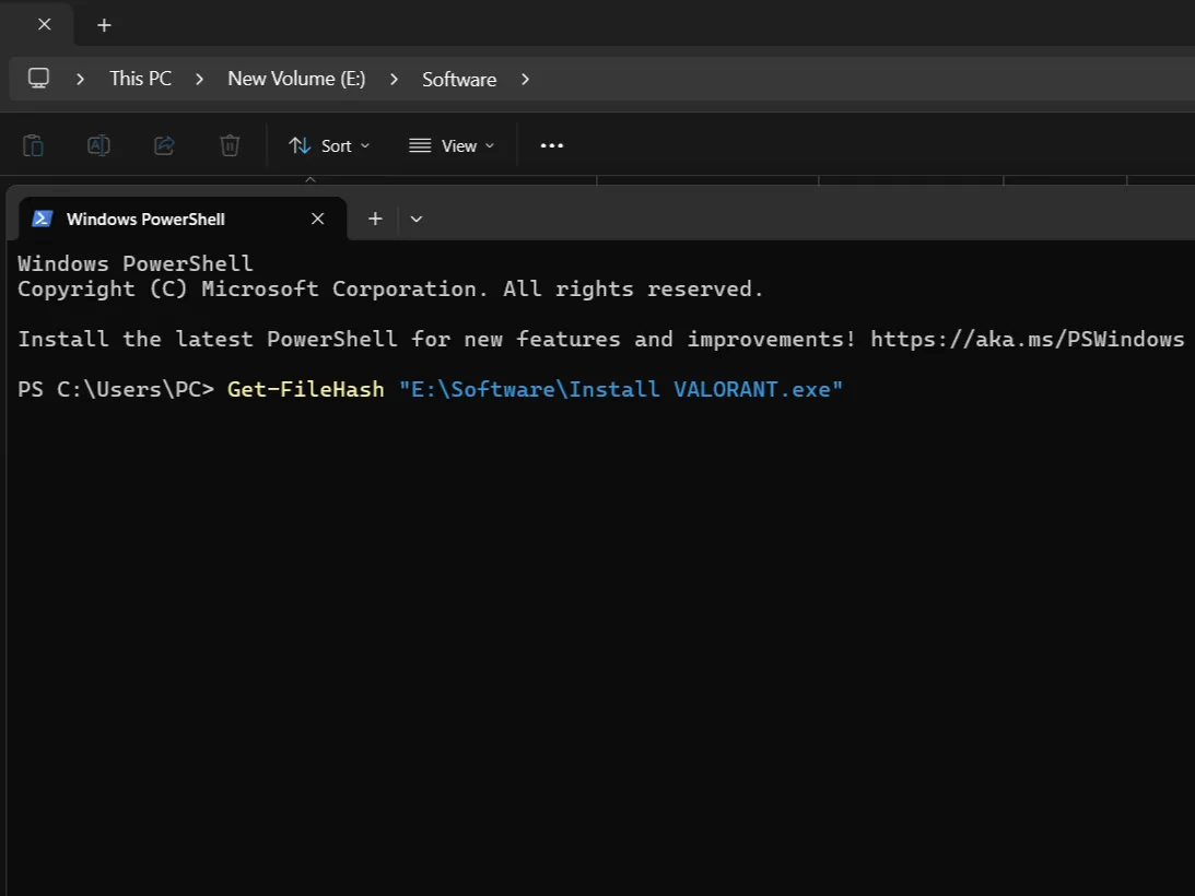 Command in Windows PowerShell to get file hash.