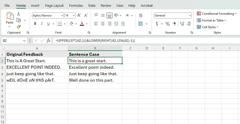 تحويل النص إلى حالة الجملة في Excel