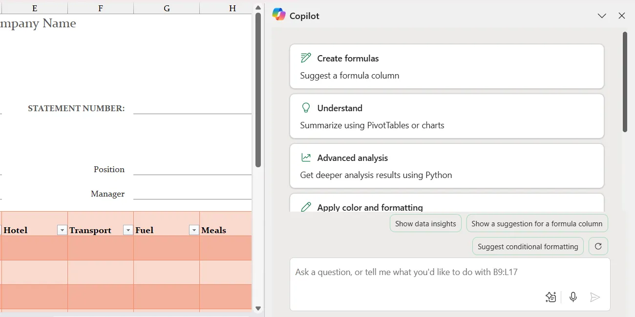 Copilot side panel in Excel.